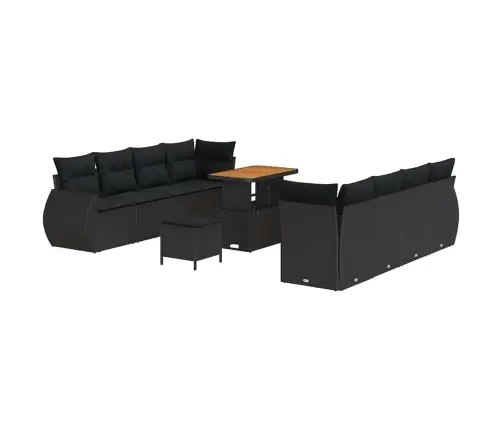 11 Daļu Dārza Dīvānu Komplekts Ar Spilveniem Melnā Polyrattanā Un Akācijām. Vidaxl