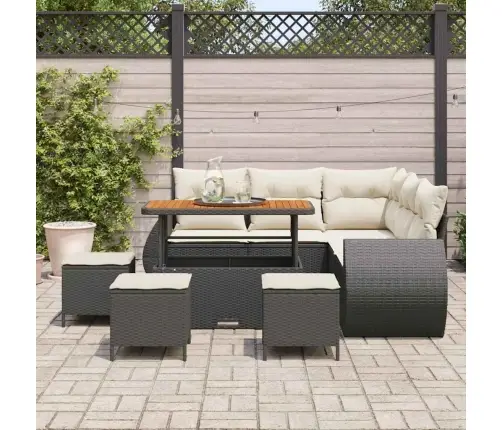 9 Gabalu Dārza Dīvānu Komplekts Ar Spilveniem Melnā Krāsā, Poli Rotangpalma, Akācija Vidaxl