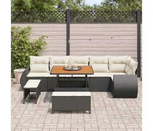 Sodo Sofų Rinkinys 9 Pcs Juoda Ir Kreminė Poli Ratanas