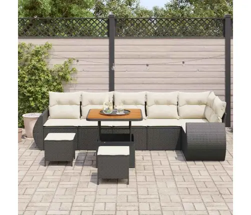 9 Daļu Dārza Dīvānu Komplekts Ar Spilveniem Melns Poli Rotangpalma Akāciju Vidaxl