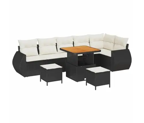 9 Daļu Dārza Dīvānu Komplekts Ar Spilveniem Melns Poli Rotangpalma Akāciju Vidaxl