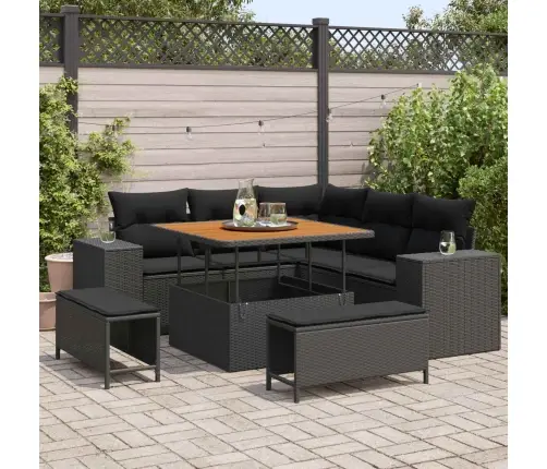 Sodo Sofų Rinkinys Su Pagalve Su Saugykla 8 Pcs Juoda