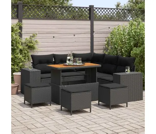 Sodo Sofų Rinkinys Su Pagalve Su Saugykla 9 Pcs Juoda