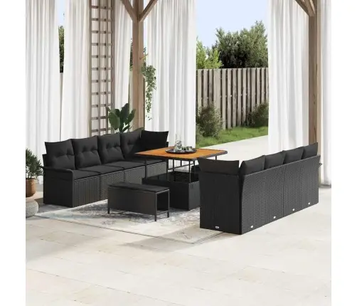 11 Gabalu Dārza Dīvānu Komplekts Ar Spilveniem Melns Poli Rotangpalma Akācija Vidaxl