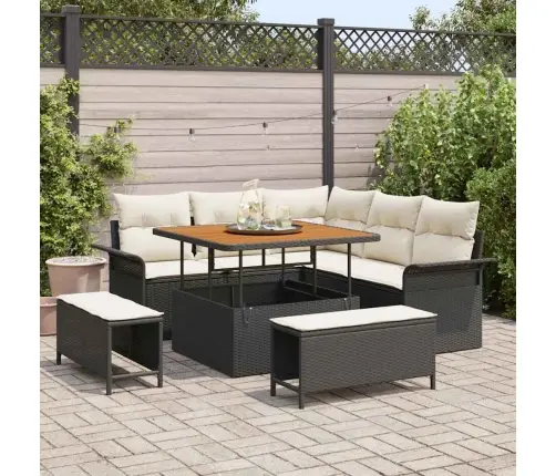 8 Gabalu Dārza Dīvānu Komplekts Ar Spilveniem, Melns, Polietilēna Rotangpalma, Akācijas Koks Vidaxl