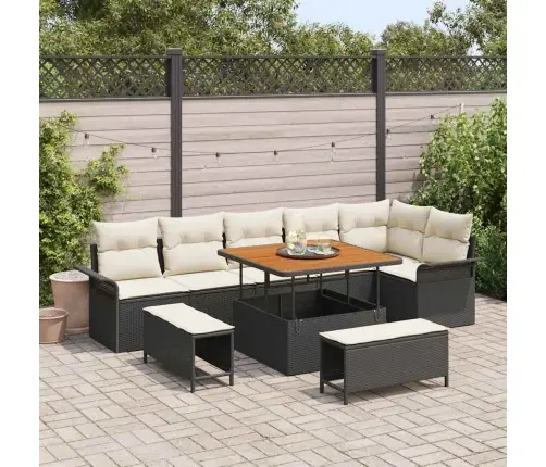 9 Daļīgais Dārza Dīvānu Komplekts Ar Spilveniem Melnā Poli Rotangpalmas Un Akācijas Vidaxl