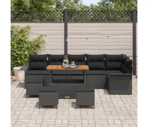 Sodo Sofų Rinkinys Su Pagalve Su Saugykla 10 Pcs Juoda