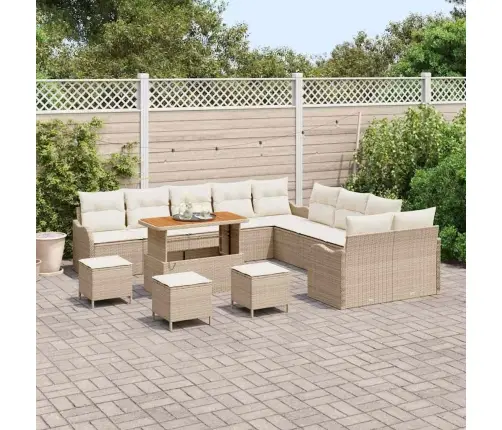 14 Daļīgs Dārza Dīvānu Komplekts Ar Spilveniem Bēšs Poli Rotangpalma Akācija Vidaxl