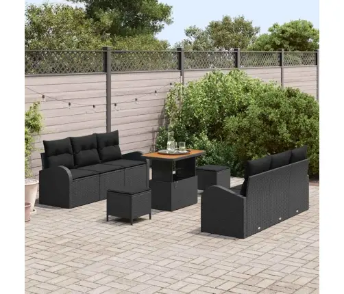 9 Gabalu Dārza Dīvānu Komplekts Ar Spilveniem, Melns Polirotangs Akācija Vidaxl