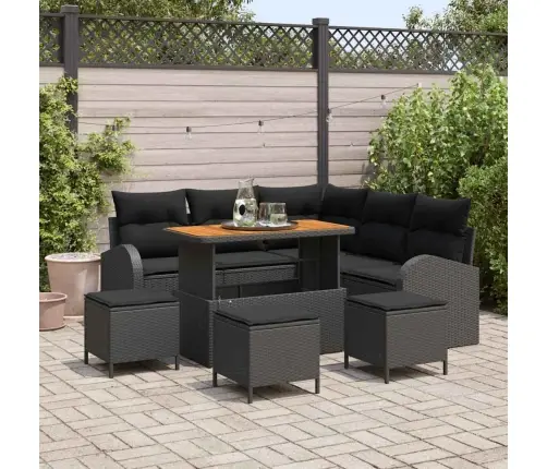 Sodo Sofų Rinkinys Su Pagalve Su Saugykla 9 Pcs Juoda