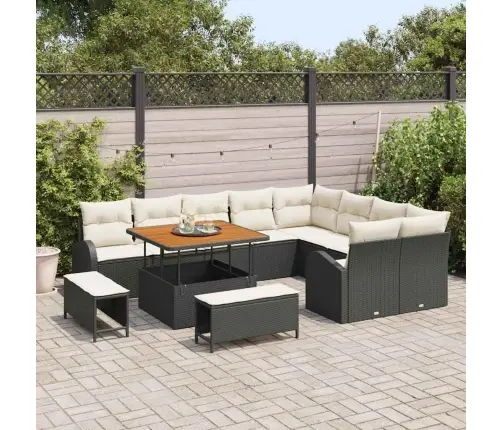 12 Daļu Dārza Dīvānu Komplekts Ar Spilveniem Melnā Poli Rotangpalmas Akācijas Vidaxl