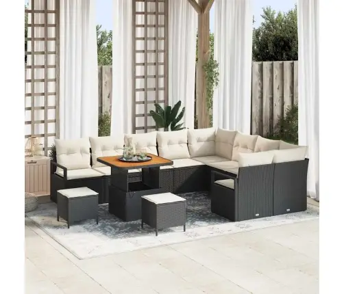 12 Gabalu Dārza Dīvānu Komplekts Ar Spilveniem Melnā Poli Rotangpalma Akācijas Vidaxl