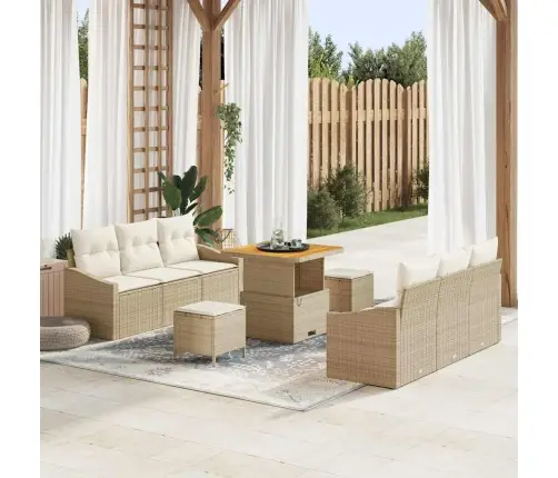 9 Daļu Dārza Dīvānu Komplekts Ar Spilveniem Bēšā Poliratangā Akācija Vidaxl