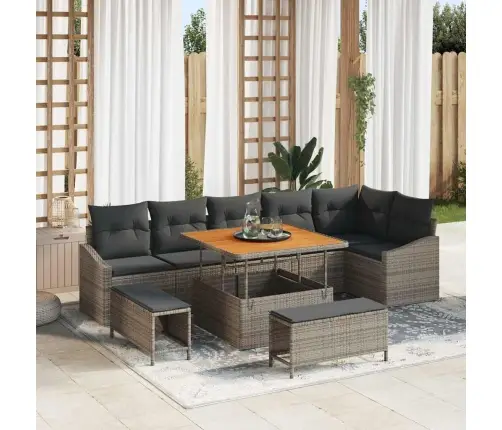 Sodo Sofų Rinkinys Su Pagalve 9 Pcs Pilka Poli Ratanas