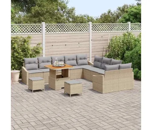 13 Daļu Dārza Dīvānu Komplekts Ar Spilveniem, Bēšs, Poli Rattan, Akācija Vidaxl