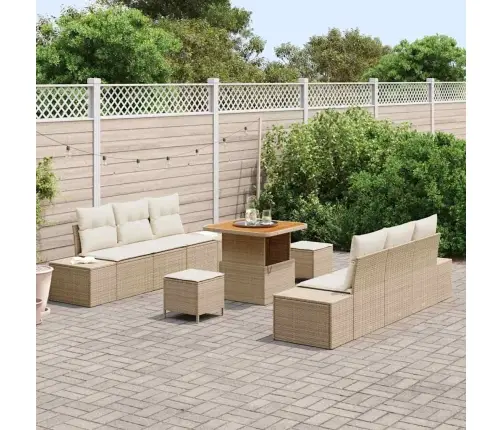 9 Daļas Dārza Dīvānu Komplekts Ar Spilveniem, Bēšs, Poli Rasketu, Akācija Vidaxl