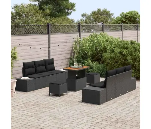 9 Gabalu Dārza Dīvānu Komplekts Ar Spilveniem Melns Poli Rotangpalma Akācijas Vidaxl