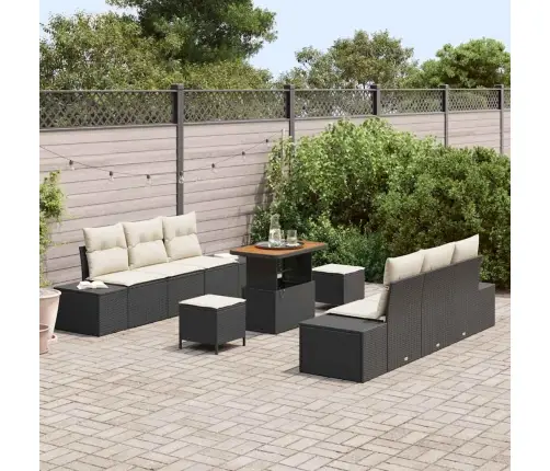 9 Daļu Dārza Dīvānu Komplekts Ar Spilveniem Melnā Polyratanā Un Akācijā Vidaxl