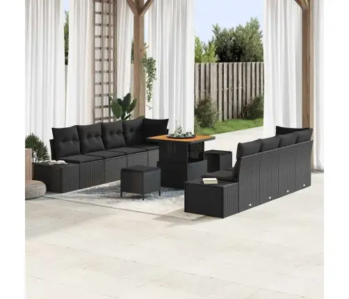 Sodo Sofų Rinkinys Su Pagalve Su Saugykla 11 Pcs Juoda