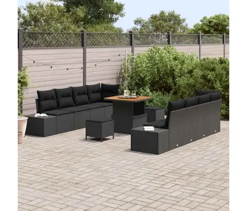 Sodo Sofų Rinkinys Su Pagalve Su Saugykla 11 Pcs Juoda