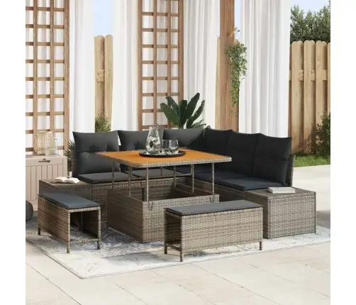 Sodo Sofų Rinkinys Su Pagalve 8 Pcs Pilka Poli Ratanas