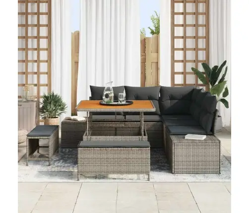 Sodo Sofų Rinkinys Su Pagalve 8 Pcs Pilka Poli Ratanas