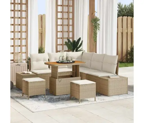 8 Daļīgs Dārza Dīvānu Komplekts Ar Spilveniem Bēšā Poli Ratanā Akācija Vidaxl