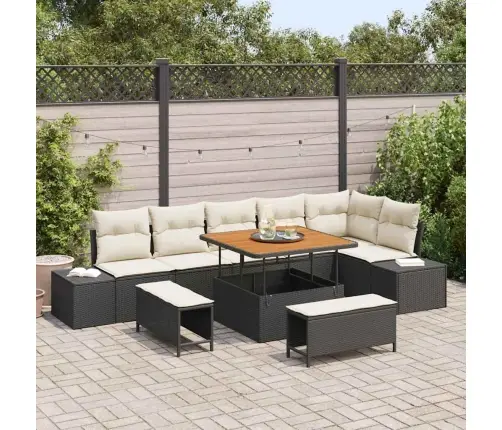 9 Gabalu Dārza Dīvānu Komplekts Ar Spilveniem Melnā Polietilēna Rotangpalmas Akācijas Vidaxl