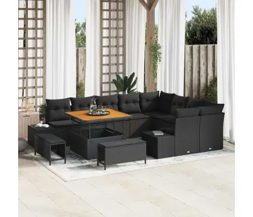 12 Gabalu Dārza Dīvānu Komplekts Ar Spilveniem Melnā Poli Ratanā Akācijas Vidaxl