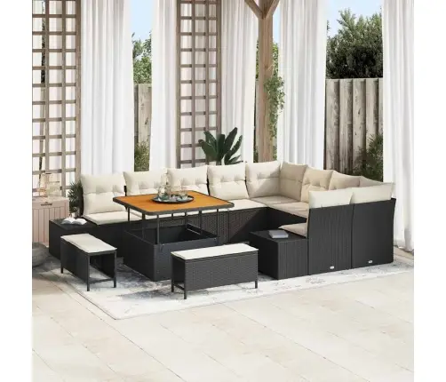 12 Gabalu Dārza Dīvānu Komplekts Ar Spilveniem Melnā Poli Rattan Akācijā Vidaxl