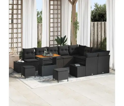 12 Gabalu Dārza Dīvānu Komplekts Ar Spilveniem Melns Poli Rotangpalma Akācijas Koks Vidaxl