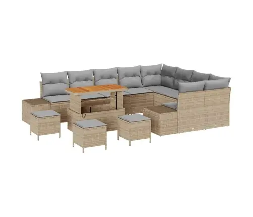 13 Daļu Dārza Dīvānu Komplekts Ar Spilveniem Bēšā Poli Rotangpalmas Akācijā Vidaxl