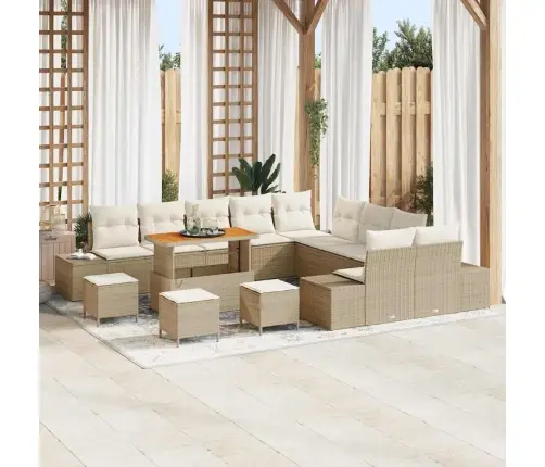 14 Gabalu Dārza Dīvānu Komplekts Ar Spilveniem Bēšs Poliratanas Akācija Vidaxl