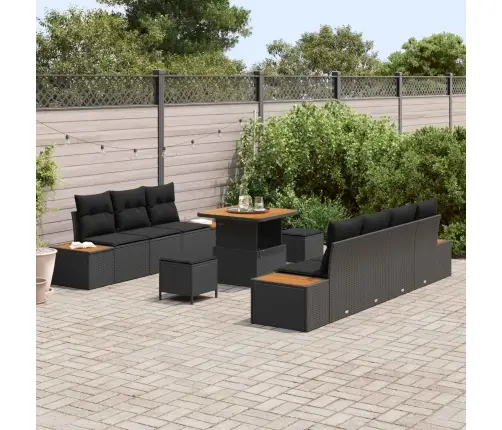 Sodo Sofų Rinkinys Su Pagalve 10 Pcs Juoda Poli Ratanas