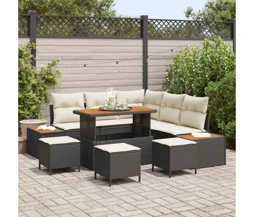 9 Gabalu Dārza Dīvānu Komplekts Ar Spilveniem Melns Poli Rotangpalma Akācijas Vidaxl