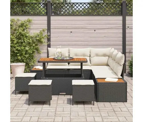 9 Gabalu Dārza Dīvānu Komplekts Ar Spilveniem Melns Poli Rotangpalma Akācijas Vidaxl