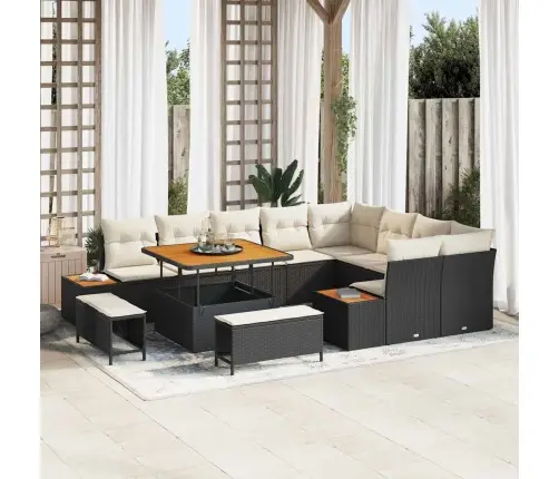 Vidaxl 12 Gab. Dārza Dīvānu Komplekts Ar Spilveniem Melnā Poli Rotangpalmu Akācijā