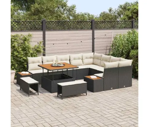 Vidaxl 12 Gab. Dārza Dīvānu Komplekts Ar Spilveniem Melnā Poli Rotangpalmu Akācijā