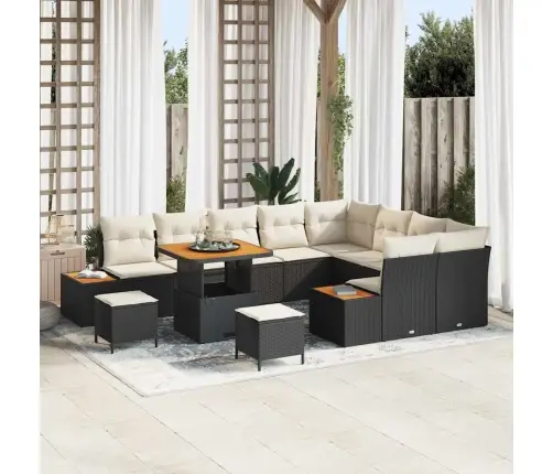 12 Daļu Dārza Dīvānu Komplekts Ar Spilveniem, Melns Poliratan, Akācija Vidaxl