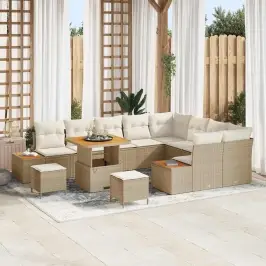 Sodo Sofų Rinkinys Su Pagalve 12 Pcs Smėlio Poli Ratanas