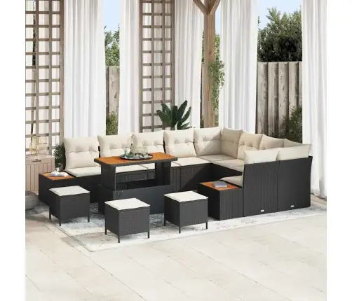 13 Gabalu Dārza Dīvānu Komplekts Ar Spilveniem Melnā Polietilēna Rotangpalmas Akācijā Vidaxl