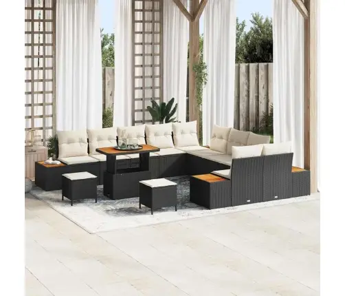 13 Daļu Dārza Dīvānu Komplekts Ar Spilveniem Melnā Poli Rotangpalmas Akācijas Vidaxl