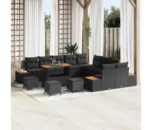 Sodo Sofų Rinkinys Su Pagalve Su Saugykla Juoda Poli Ratanas