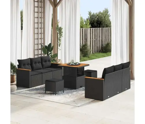 Sodo Sofų Rinkinys Su Pagalve Su Saugykla Juoda Poli Ratanas