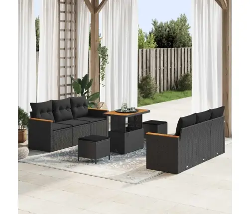 9 Gabalu Dārza Dīvānu Komplekts Ar Spilveniem - Melnā Polietilēna Rotangpalma Un Akācijas Koks Vidaxl