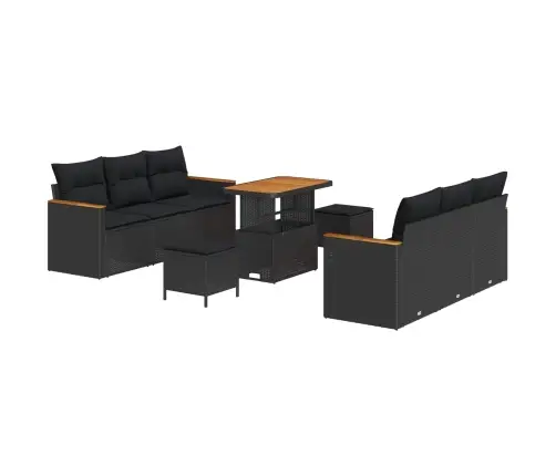 9 Gabalu Dārza Dīvānu Komplekts Ar Spilveniem - Melnā Polietilēna Rotangpalma Un Akācijas Koks Vidaxl