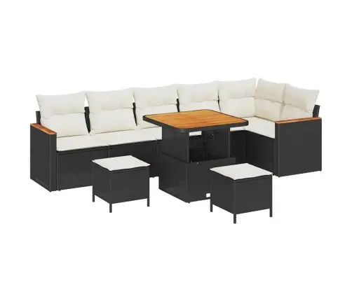 9 Daļīgs Dārza Dīvānu Komplekts Ar Spilveniem Melnā Polietilēna Rotangpalmas Akācijā Vidaxl