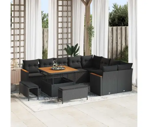 Sodo Sofų Rinkinys Su Pagalve 12 Pcs Juoda Poli Ratanas