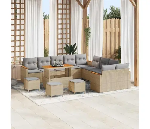 14 Gabalu Dārza Dīvānu Komplekts Ar Spilveniem Bēšs Poli Rotangpalma Akācija Vidaxl