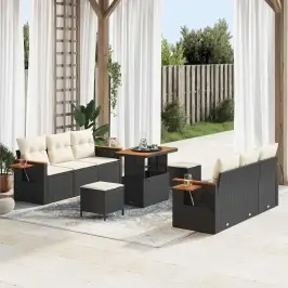 Sodo Sofų Rinkinys Su Pagalve 9 Pcs Juoda Poli Ratanas